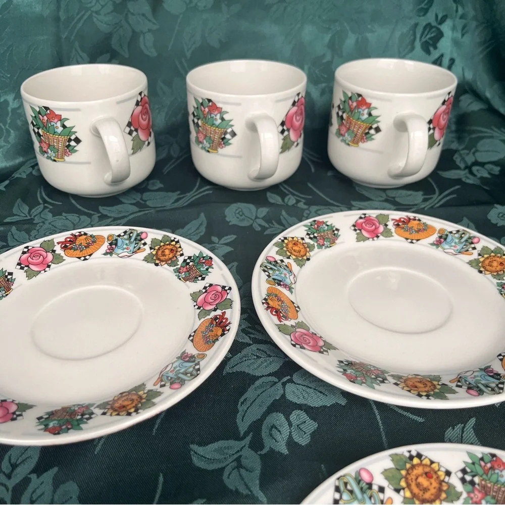 Vintage UTE Tea 3 Cups & 4 Plates Charming Hats & Florals in Engelbreit-style